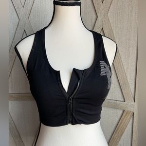 Aero Aeropostale zip front Racerback Sports Bra Black with silver logo. Size L